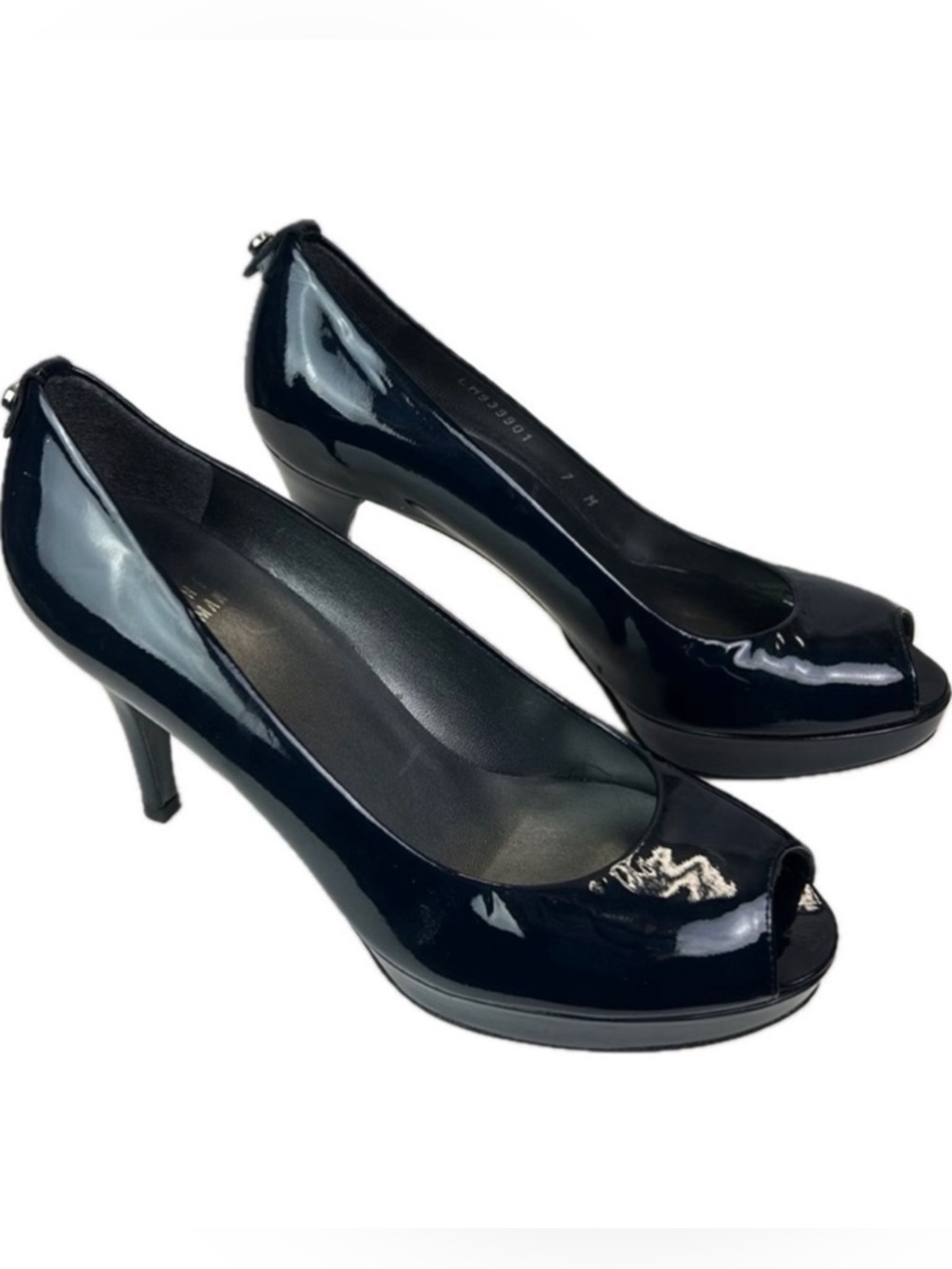 Stuart Weitzman Midnight Blue Patent Leather Peep Toe Stiletto Platform Pumps